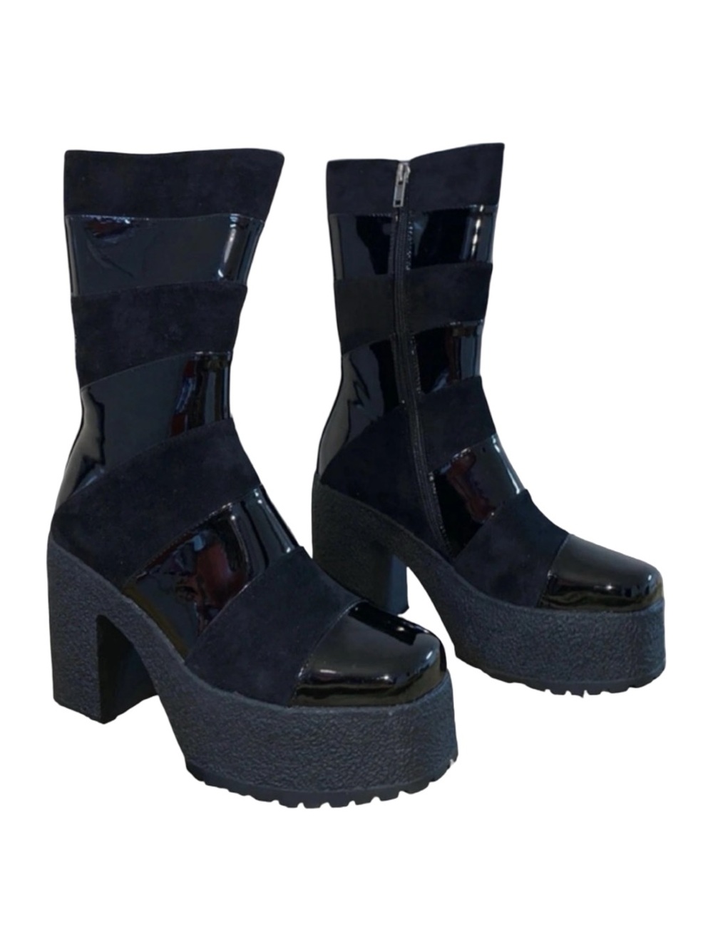 Dolls Kill Black Patent & Suede Platform Block Heel Boots